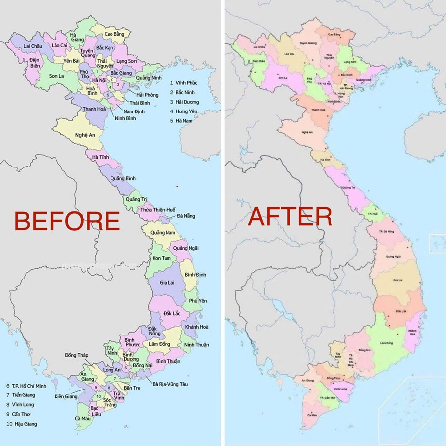 Bản đồ các tỉnh thành trước và sau khi sát nhập
