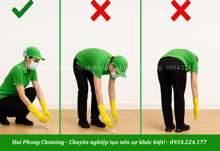 Tư thế nhặt rác của nhân viên vệ sinh chuyên nghiệp