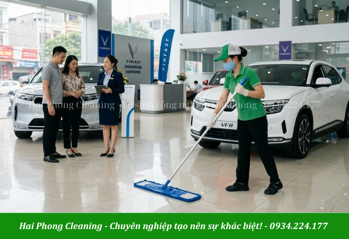 Hình ảnh nhân viên vệ sinh showroom, garage ô tô chuyên nghiệp